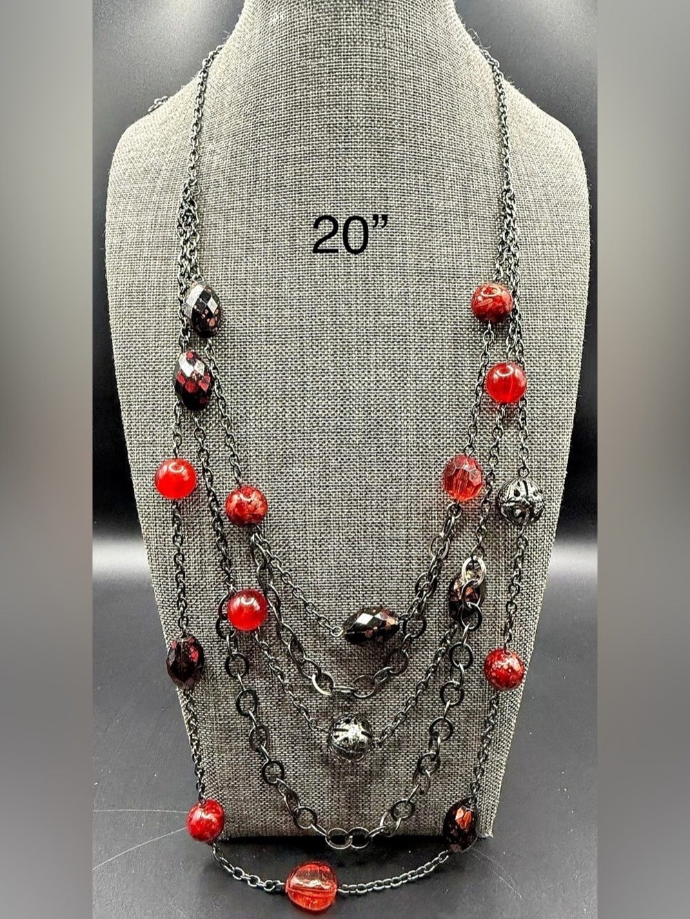 Gothic Glam Gunmetal Multi-Chain Layered Crimson Red & Black Gem Necklace